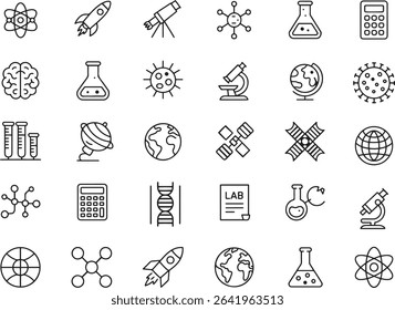 Science Line Icons Set. Research, Experiment, Chemistry, Technology. Vector Illustration. Editable Stroke	