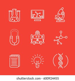 Science line icons set, research, study, laboratory, chemistry, physics, robotics, mechanical engineering