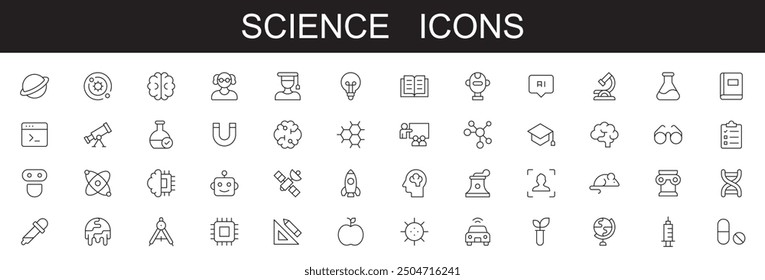 Science line icons . vector illustration . white background. editable stroke. astrophysics, scientist, neurology, philosophy, biology, botany, organic, zoology, biochemistry, archaeology, laboratory