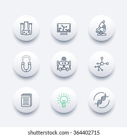 Science line round modern icons, laboratory, chemistry, physics, biology, research icon, vector illustration