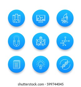 Science line vector icons, laboratory, chemistry, physics, biology, research