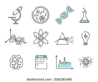 Iconos lineales de ciencia establecidos para aplicaciones, sitios, redes sociales y libros de texto y stickers.