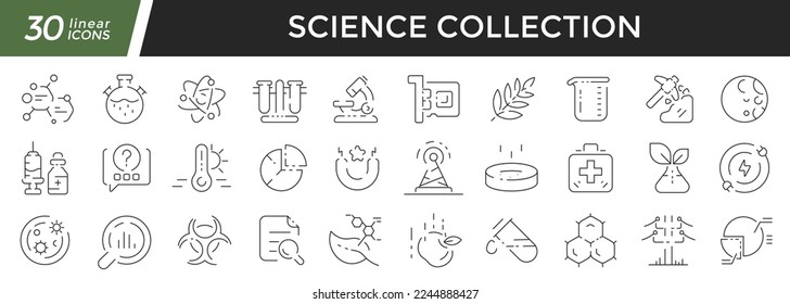 Conjunto de iconos lineales de ciencia. Colección de 30 iconos en negro