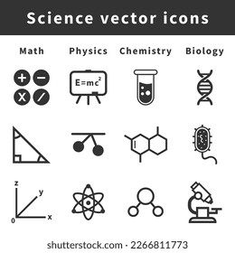 Science linear vector icons set isolated on white background. Set of 12 vector icons for math, physics, chemistry, biology, science infographics. All in one eps file. Science icons collection.
