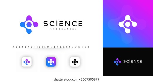 Science logo with abstract molecule shape, clean geometric design, evokes innovation, research, technology. High-tech symbol for biotech, apps, science brands. Modern logo. Vector illustration.