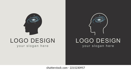 galaxia vectorial de diseño de logotipo científico. identidad visual para tecnología, astronomía, empresas u organizaciones científicas. símbolo del ser humano con elementos astronómicos. educación de expansión de la conciencia