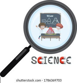 Science logo with scientist in magnifying glass isolated illustration