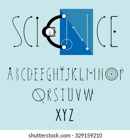 Science logo vector with decorative vector font. Top view - bald scientist in glasses reads blueprint