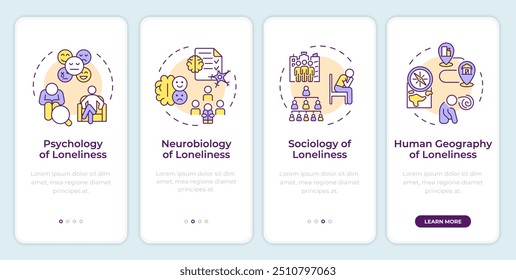Science of loneliness onboarding mobile app screen. Walkthrough 4 steps editable graphic instructions with linear concepts. UI, UX, GUI template