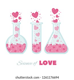 Science of love invitation card. Vector illustration for Valentines day or wedding. Vector illustration of chemistry flask filled with hearts.