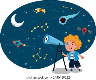 Science loving kid observes space on his telescope. Vector illustration.
