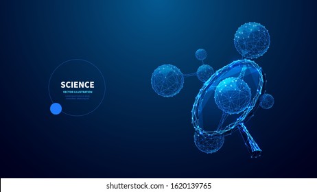 Science low poly wireframe banner vector template. Biochemistry, microbiology, medical research lab poster polygonal design with text space. Molecule structure 3d mesh art with connected dots