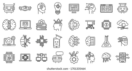 Science machine learning icons set. Outline set of science machine learning vector icons for web design isolated on white background