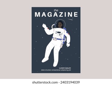 Portada de una revista de ciencia con un joven astronauta, adornado con un espacio, flotando con gracia en medio del entorno celestial de estrellas brillantes