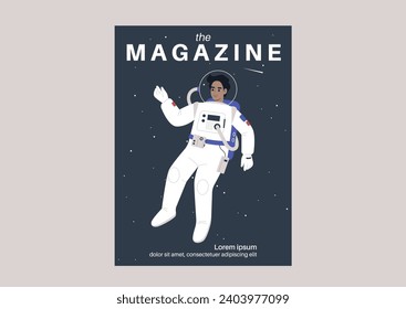 A science magazine cover with a young astronaut, adorned in a spacesuit, gracefully floating amid the celestial backdrop of twinkling stars