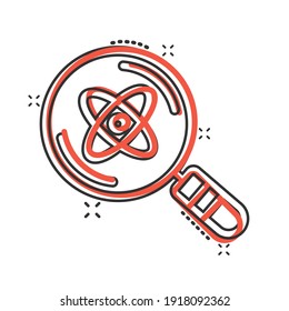 Science magnifier icon in comic style. Virus search cartoon vector illustration on white isolated background. Chemistry dna splash effect business concept.