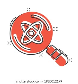 Science magnifier icon in comic style. Virus search cartoon vector illustration on white isolated background. Chemistry dna splash effect business concept.