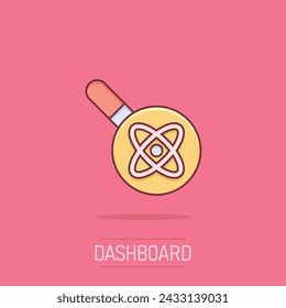 Science magnifier icon in comic style. Virus search cartoon vector illustration on isolated background. Chemistry dna splash effect business concept.