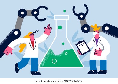 Science, making laboratory research concept. Two young scientists man and woman standing making research with huge flask in lab together vector illustration 