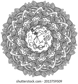 Science mandala about astronomy, outer space and space phenomena ornate coloring page vector illustration