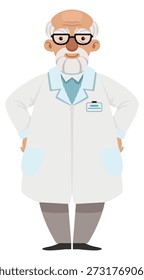 Maskottchen der Wissenschaft. Alter Mann mit Bart Cartoon Charakter