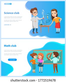 Vector de club de ciencia y matemáticas, de vuelta al concepto escolar. Clases de química con experimentos, niños leyendo libros y resolviendo problemas, clase de geometría por pizarra. Plantilla de sitio web o página web, página