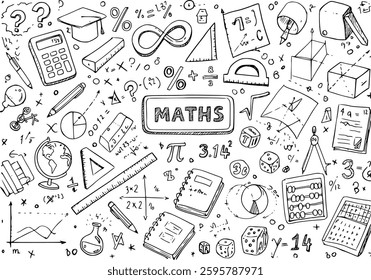 Science, math and education vector sketch, doodles illustration on white paper