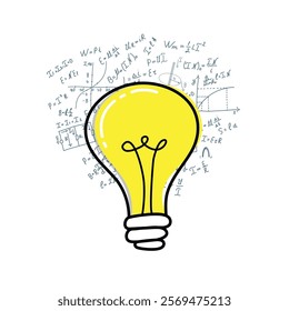 Science. Mathematical equations and formulas around the light bulb on white background - vector illustration.  Doodle. 