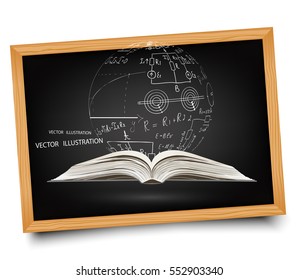 Science. Mathematical equations and formulas on school blackboard. Ball of of mathematical equations and formulas, rising from an open book. Vector illustration modern design template. Doodle