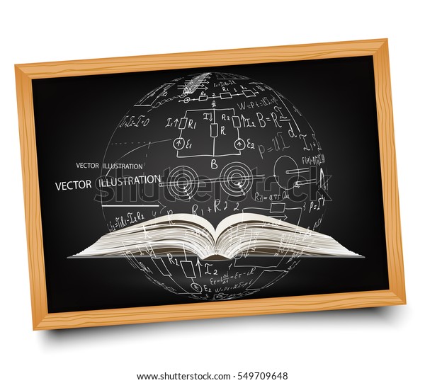 Science. Mathematical equations and formulas on\
school blackboard. Ball of of mathematical equations and formulas,\
rising from an open book. Vector illustration modern design\
template. Doodle