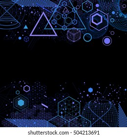 The science and mathematics abstract background with circles, cube, triangles and a lot of lines. Sacred geometry backdrop. The chemistry and astrology. Graphic elements for identity design.