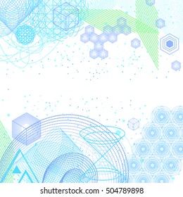 The science and mathematics abstract background with circles, cube, triangles and a lot of lines. Sacred geometry backdrop. The chemistry and astrology. Graphic elements for identity design.
