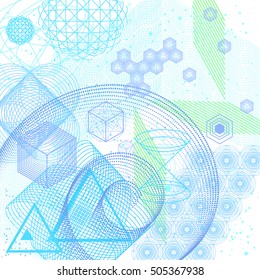 The science and mathematics abstract background with circles, cube, triangles and a lot of lines. Sacred geometry backdrop. The chemistry and astrology. Graphic elements for identity design.