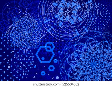 The science and mathematics abstract background with circles, cube, triangles and a lot of lines. Sacred geometry backdrop. The chemistry and astrology. Graphic elements for identity design.