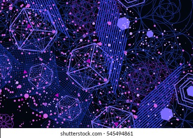 The science and mathematics abstract background with circles, cube, triangles and a lot of lines. Sacred geometry backdrop. The chemistry and astrology. Graphic elements for identity design.
