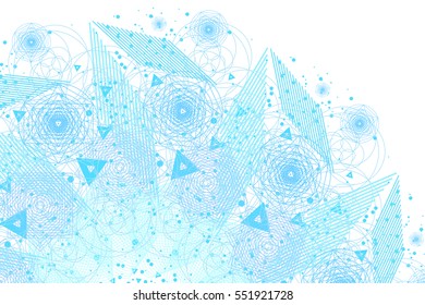 The science and mathematics abstract background with circles, cube, triangles and a lot of lines. Sacred geometry backdrop. The chemistry and astrology. Graphic elements for identity design.