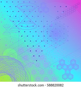 The science and mathematics abstract background with circles, cube, triangles and a lot of lines. Sacred geometry backdrop. The chemistry and astrology. Graphic elements for identity design.