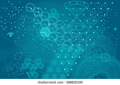 The science and mathematics abstract background with circles, cube, triangles and a lot of lines. Sacred geometry backdrop. The chemistry and astrology. Graphic elements for identity design.