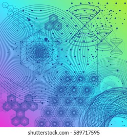 The science and mathematics abstract background with circles, cube, triangles and a lot of lines. Sacred geometry backdrop. The chemistry and astrology. Graphic elements for identity design.