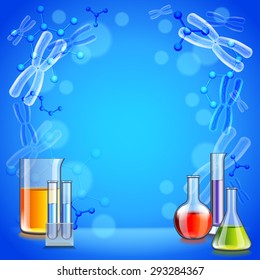 Science or medical background with test tubes, flasks and cells vector