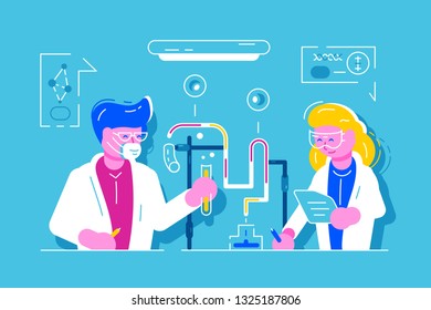 Science. Medical chemical biological research laboratory. Man and woman scientist working at laboratorium. DNA. Diagnostic lab. Artificial foods genetically modified products. Health care. Flat vector