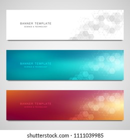 Science, Medical And Digital Technology Header Or Banners. Geometric Abstract Background With Hexagons Design. Molecular Structure And Communication Vector Illustration