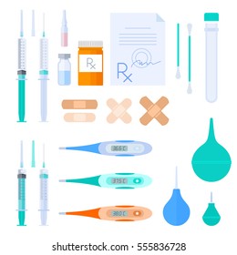 Science and medical equipment and accessory set. Vector flat illustration of clinic, hospital and laboratory objects and tools. Isolated on white background. Pharmacy, healthcare elements and symbols.