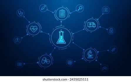 science medical and experiments innovation technology with icon blue background. biology and chemistry line symbol wallpaper banner. health care research laboratory dna. vector illustration fantastic.