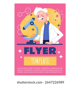Science medical laboratory flyer poster design template concept. Vector flat cartoon design element illustration