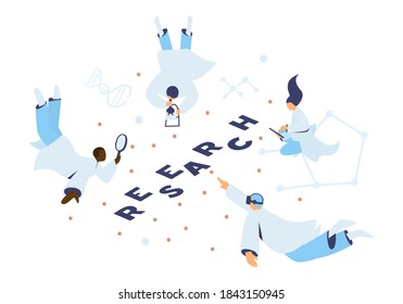 Science Or Medical Research Concept. Doctors Or Scientists In Free Fall With Loupes, Microscope, Tablet, VR Glasses Flying Among Molecules And Cells. Vector Illustration.