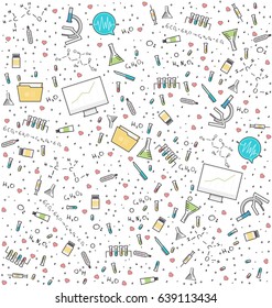 Science medical seamless pattern. Background for laboratory research or clinic with chemical formula and medical equipment. Vector illustration.