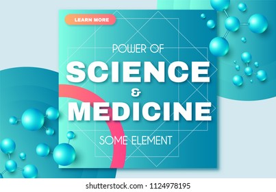 Science and Medicine Abstract Background with 3D Molecules and Trendy Gradient Elements. High Biotechnology Design Template. Vector illustration