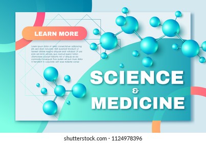 Science and Medicine Abstract Background with 3D Molecules and Trendy Gradient Elements. High Biotechnology Design Template. Vector illustration