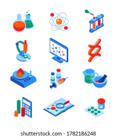 Science and medicine - modern colorful isometric icons set. Education and studying, laboratory, research concept. Flasks and tubes, microscope, DNA molecule, pills and syringe, calculator and diagrams